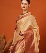 Beige Jaccaurd Cotton Silk Mysore Silk Blend Saree With Blouse