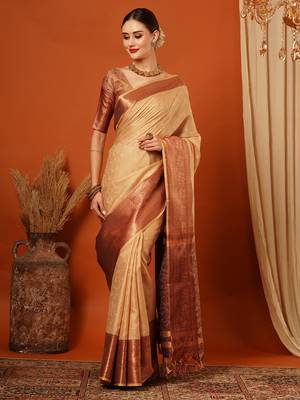 Beige Jaccaurd Cotton Silk Mysore Silk Blend Saree With Blouse 2