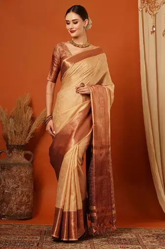 Beige Jaccaurd Cotton Silk Mysore Silk Blend Saree With Blouse
