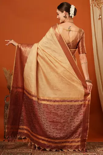Beige Jaccaurd Cotton Silk Mysore Silk Blend Saree With Blouse