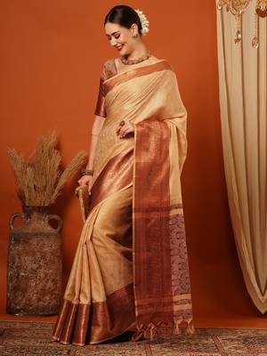 Beige Jaccaurd Cotton Silk Mysore Silk Blend Saree With Blouse 4