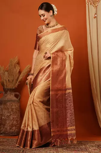 Beige Jaccaurd Cotton Silk Mysore Silk Blend Saree With Blouse