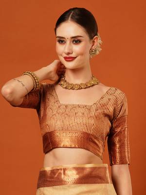 Beige Jaccaurd Cotton Silk Mysore Silk Blend Saree With Blouse 5