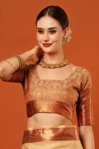 Beige Jaccaurd Cotton Silk Mysore Silk Blend Saree With Blouse