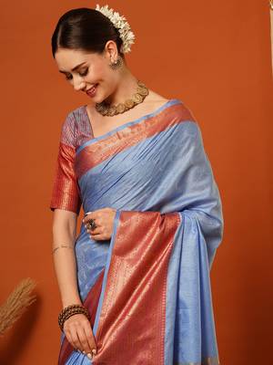 Light Blue Jaccaurd Cotton Silk Mysore Silk Blend Saree With Blouse 1