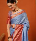 Light Blue Jaccaurd Cotton Silk Mysore Silk Blend Saree With Blouse