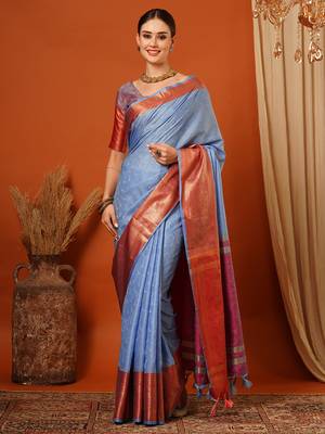 Light Blue Jaccaurd Cotton Silk Mysore Silk Blend Saree With Blouse 2