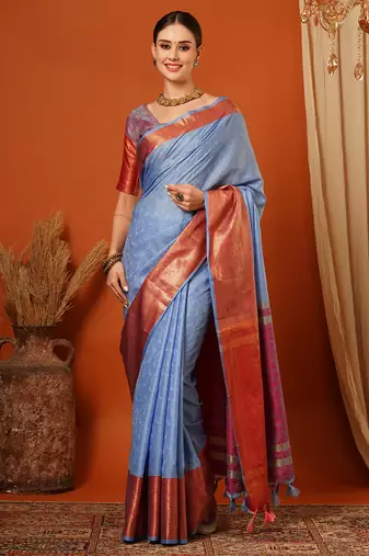 Light Blue Jaccaurd Cotton Silk Mysore Silk Blend Saree With Blouse