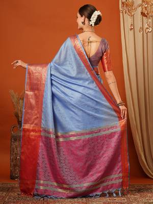 Light Blue Jaccaurd Cotton Silk Mysore Silk Blend Saree With Blouse 3