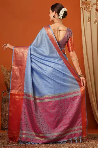 Light Blue Jaccaurd Cotton Silk Mysore Silk Blend Saree With Blouse