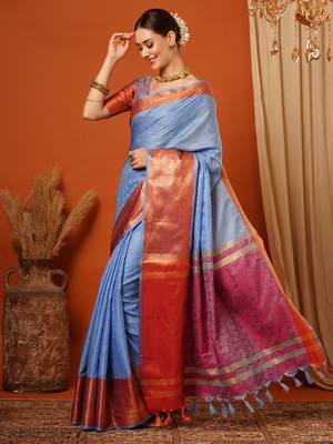 Light Blue Jaccaurd Cotton Silk Mysore Silk Blend Saree With Blouse 4