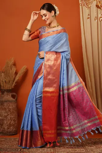 Light Blue Jaccaurd Cotton Silk Mysore Silk Blend Saree With Blouse