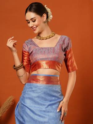 Light Blue Jaccaurd Cotton Silk Mysore Silk Blend Saree With Blouse 5