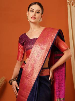 Navy Blue Jaccaurd Cotton Silk Mysore Silk Blend Saree With Blouse 1