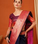 Navy Blue Jaccaurd Cotton Silk Mysore Silk Blend Saree With Blouse