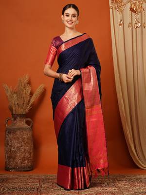 Navy Blue Jaccaurd Cotton Silk Mysore Silk Blend Saree With Blouse 2