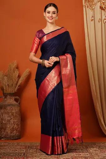 Navy Blue Jaccaurd Cotton Silk Mysore Silk Blend Saree With Blouse