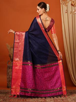 Navy Blue Jaccaurd Cotton Silk Mysore Silk Blend Saree With Blouse 3