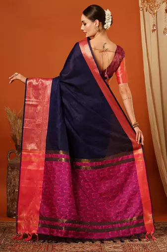 Navy Blue Jaccaurd Cotton Silk Mysore Silk Blend Saree With Blouse
