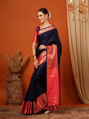 Navy Blue Jaccaurd Cotton Silk Mysore Silk Blend Saree With Blouse 4