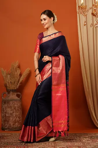 Navy Blue Jaccaurd Cotton Silk Mysore Silk Blend Saree With Blouse