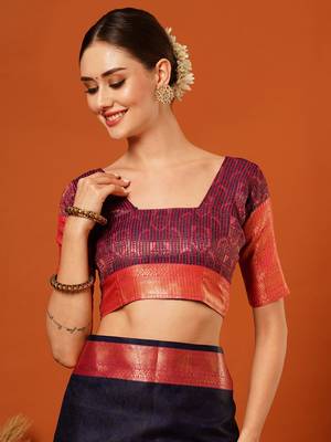 Navy Blue Jaccaurd Cotton Silk Mysore Silk Blend Saree With Blouse 5