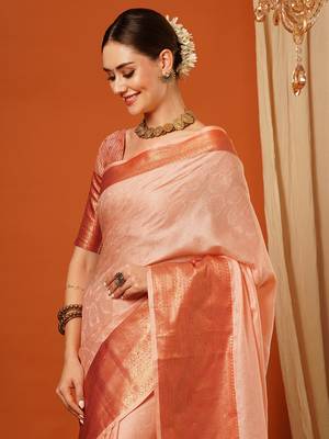 Peach Jaccaurd Cotton Silk Mysore Silk Blend Saree With Blouse 1
