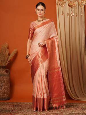 Peach Jaccaurd Cotton Silk Mysore Silk Blend Saree With Blouse 2