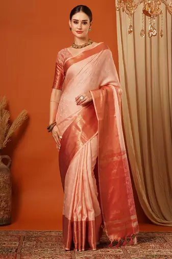Peach Jaccaurd Cotton Silk Mysore Silk Blend Saree With Blouse