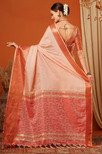Peach Jaccaurd Cotton Silk Mysore Silk Blend Saree With Blouse