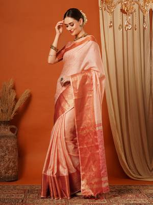 Peach Jaccaurd Cotton Silk Mysore Silk Blend Saree With Blouse 4