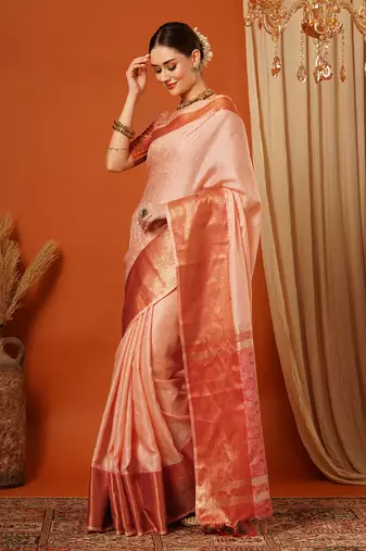 Peach Jaccaurd Cotton Silk Mysore Silk Blend Saree With Blouse