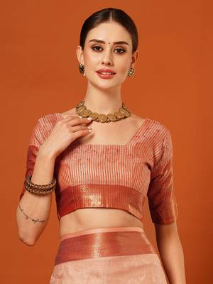 Peach Jaccaurd Cotton Silk Mysore Silk Blend Saree With Blouse 5