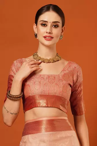 Peach Jaccaurd Cotton Silk Mysore Silk Blend Saree With Blouse