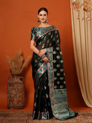 Black Jaccaurd Oraganza Silk Bollywood  Saree With Blouse 2
