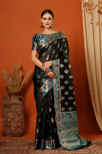 Black Jaccaurd Oraganza Silk Bollywood  Saree With Blouse