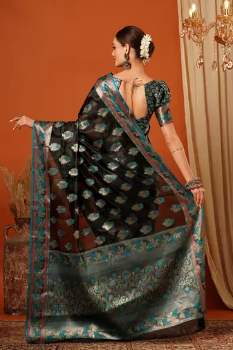Black Jaccaurd Oraganza Silk Bollywood  Saree With Blouse