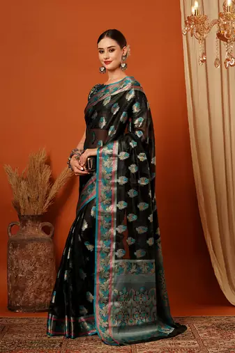 Black Jaccaurd Oraganza Silk Bollywood  Saree With Blouse