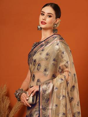 Beige Jaccaurd Oraganza Silk Bollywood  Saree With Blouse 1