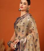 Beige Jaccaurd Oraganza Silk Bollywood  Saree With Blouse