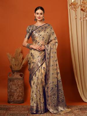 Beige Jaccaurd Oraganza Silk Bollywood  Saree With Blouse 2