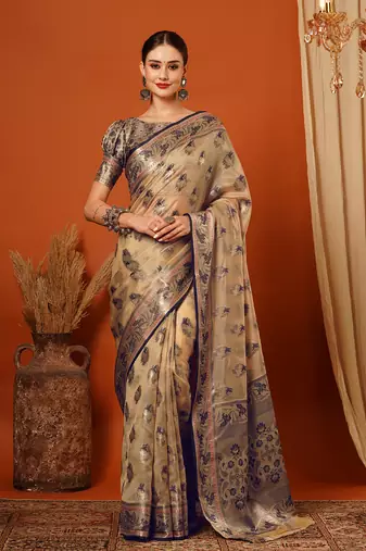Beige Jaccaurd Oraganza Silk Bollywood  Saree With Blouse