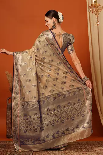 Beige Jaccaurd Oraganza Silk Bollywood  Saree With Blouse