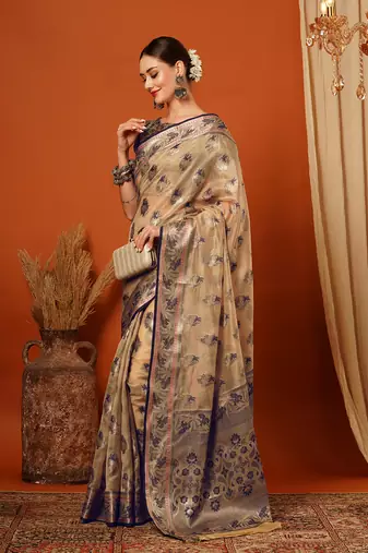 Beige Jaccaurd Oraganza Silk Bollywood  Saree With Blouse