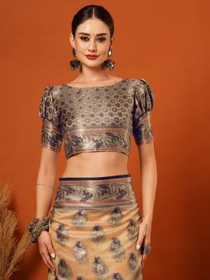 Beige Jaccaurd Oraganza Silk Bollywood  Saree With Blouse 5