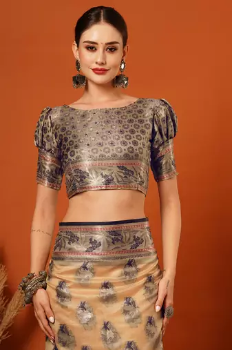 Beige Jaccaurd Oraganza Silk Bollywood  Saree With Blouse