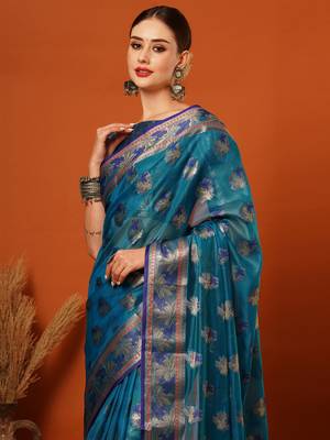 Light Blue Jaccaurd Oraganza Silk Bollywood  Saree With Blouse 1