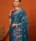 Light Blue Jaccaurd Oraganza Silk Bollywood  Saree With Blouse