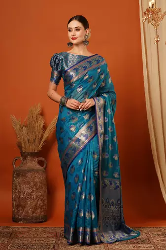 Light Blue Jaccaurd Oraganza Silk Bollywood  Saree With Blouse