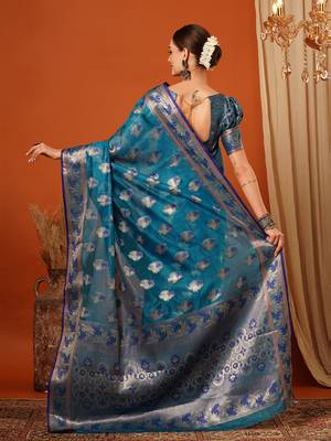Light Blue Jaccaurd Oraganza Silk Bollywood  Saree With Blouse 3